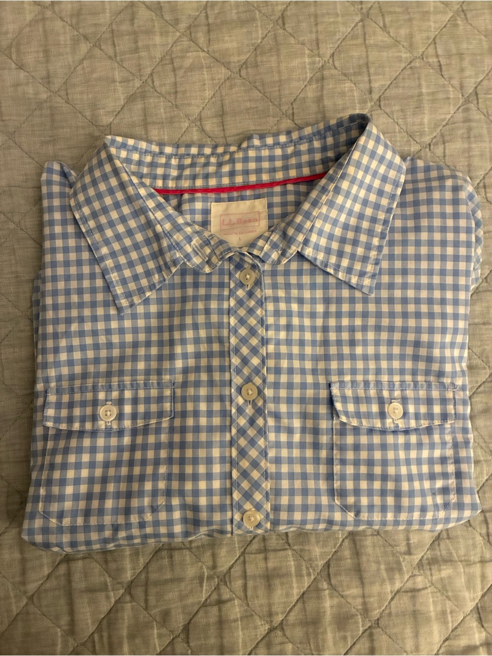L.L. Bean woman’s Blue & White Gingham Short sleeve button up shirt.